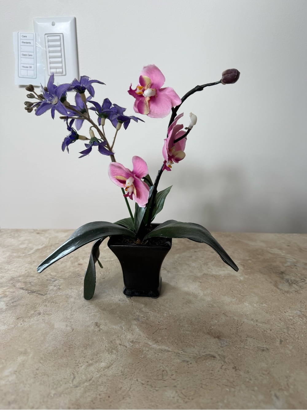 Pink and Purple Faux Orchid Arrangement in Black Planter